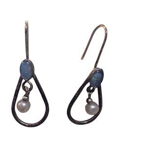 Vintage Sterling Silver Teardrop Earrings With Blue Opal & Pearl Accents